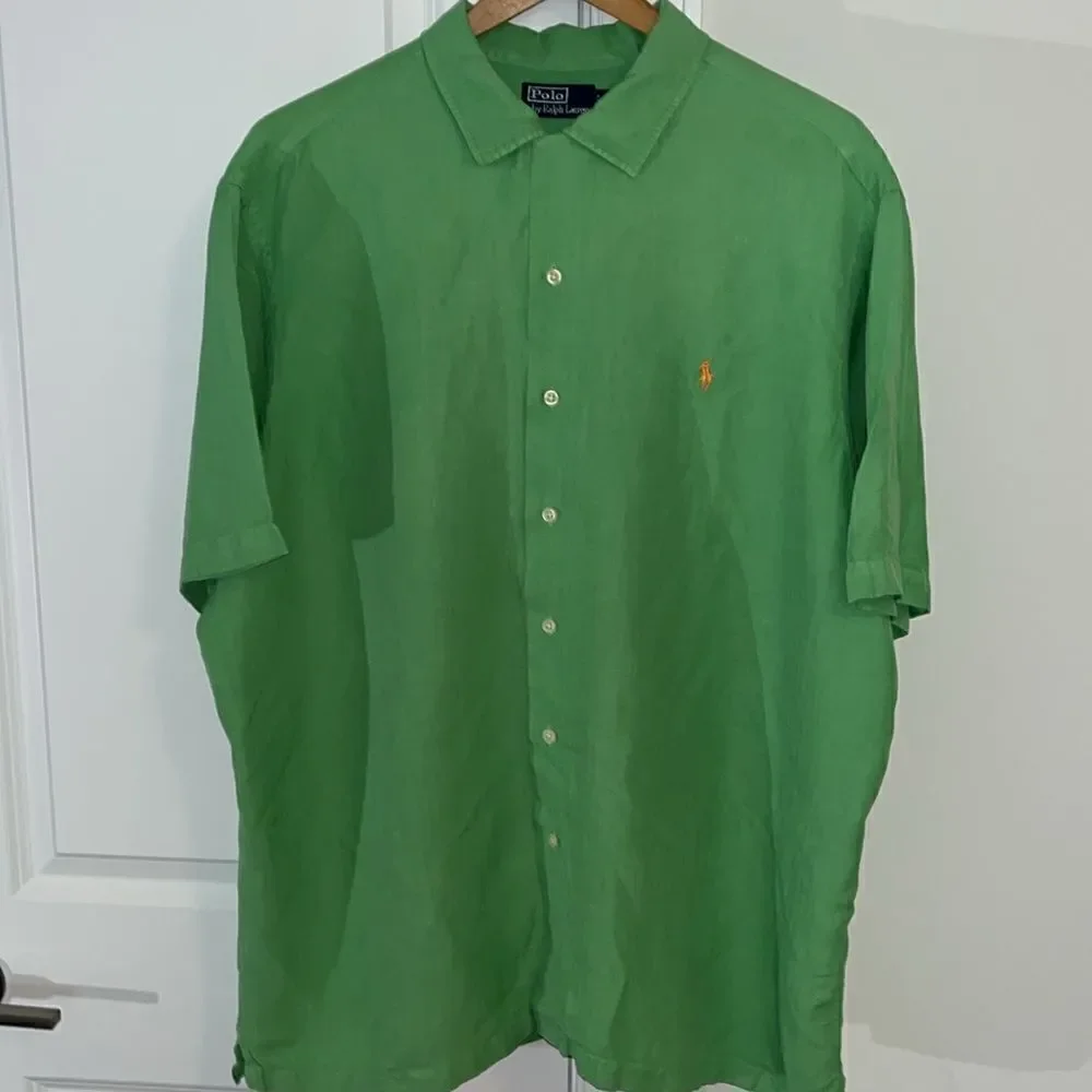 GREEN Silk/Linen Big Man Polo by Ralph Lauren w/ orange pony Hawaii Luau shirt